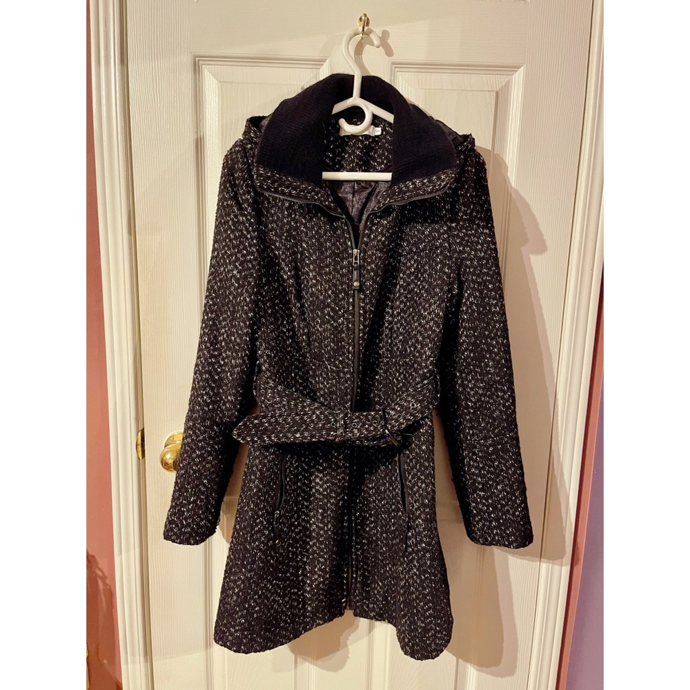 Ricki’s belted tweed coat with detachable hood
